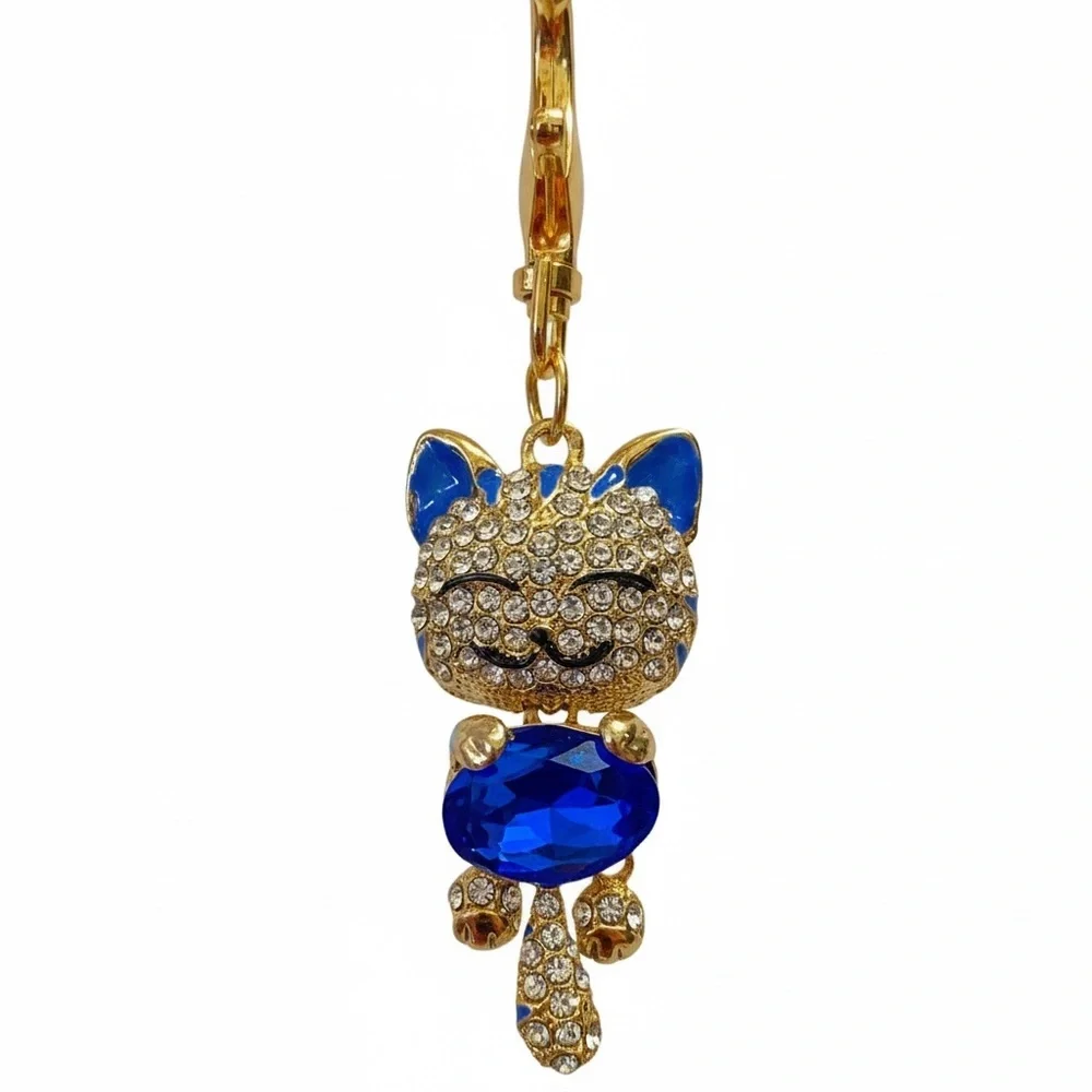 BAG CHARM/KEYCHAIN: Blue & Gold Smiling Cat, EUC